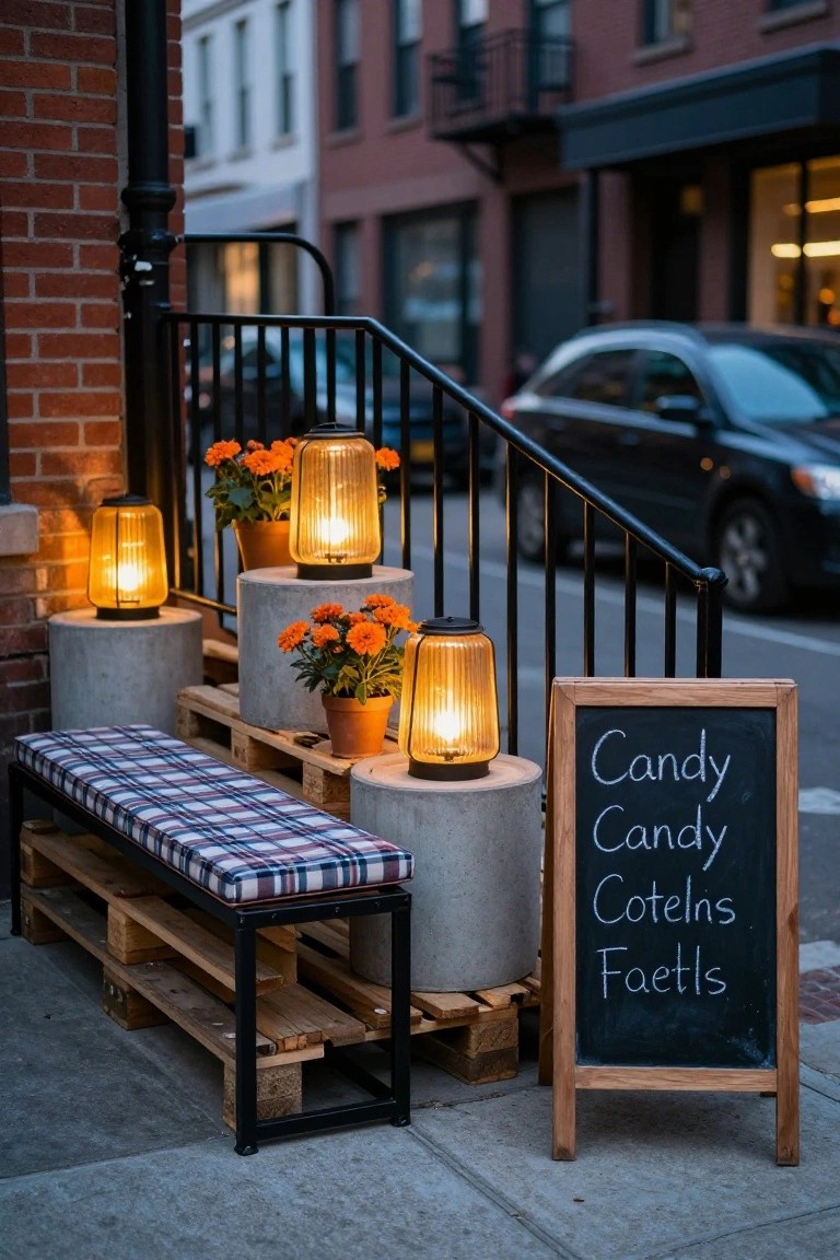 Stone house front porch with dark wooden door under arched entryway, decorated with gray pumpkins on steps, lanterns, ivy garlands, hydrangeas, and a wooden 
