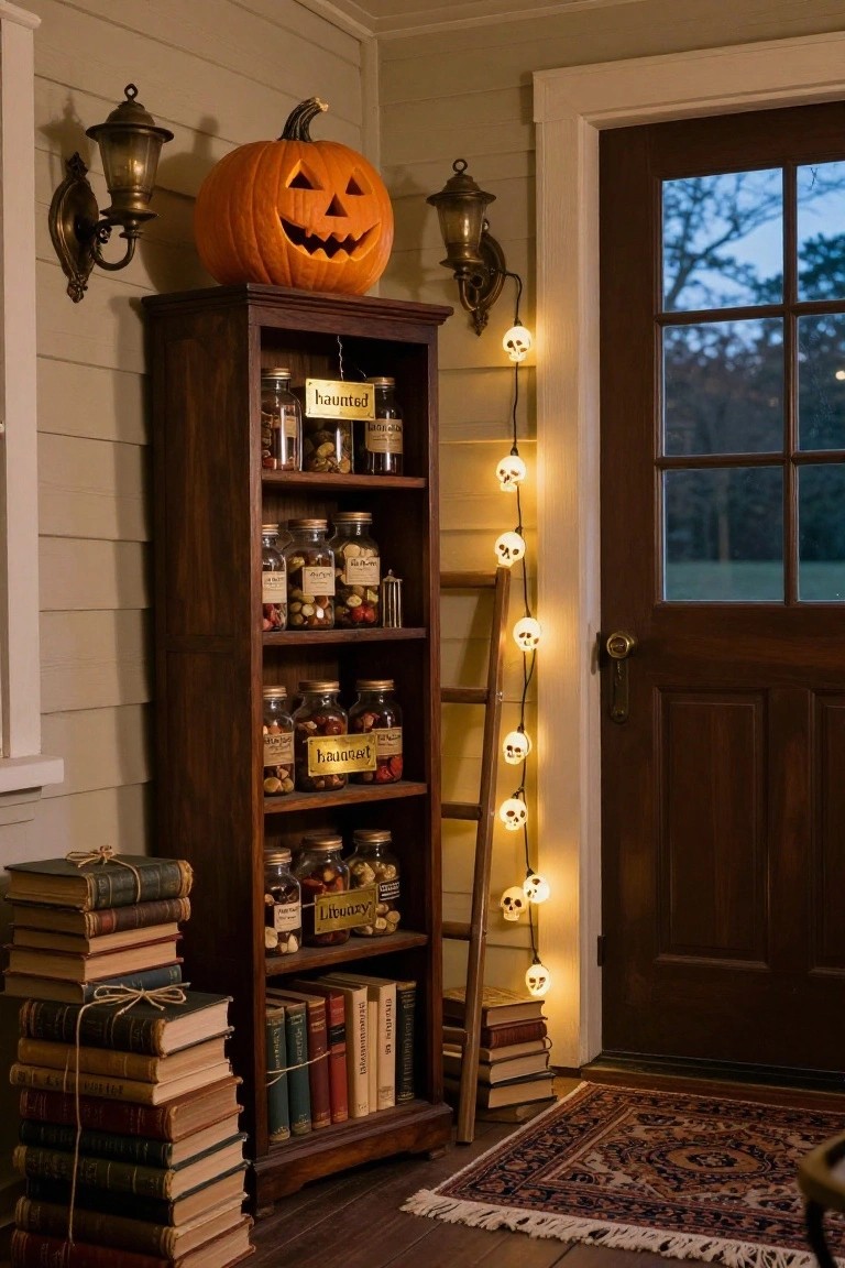 Greenhouse interior featuring potted and hanging ferns, botanical prints in frames, jars of spices on a shelf, white pumpkins and a candle under a black metal glass dome on a weathered green bench, with black bat decorations.
