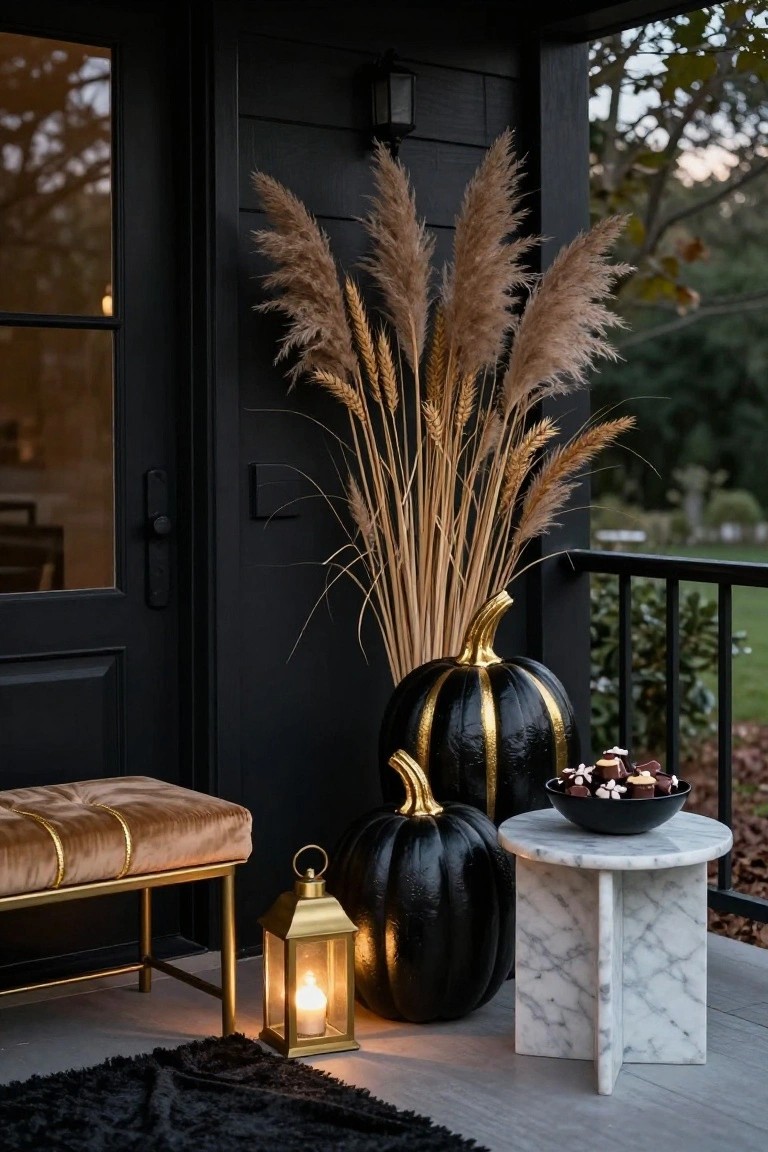 Dark wooden porch at dusk decorated for Halloween featuring black and gold-accented pumpkins, burning candles on candelabras and trays, a purple velvet bench, stone lion statues, and a black lace rug.