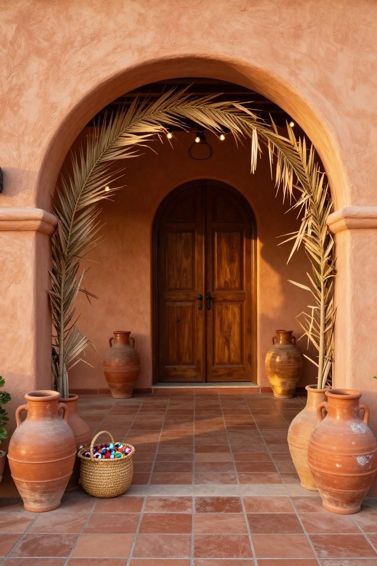 Covered wooden porch at dusk featuring hanging brass lanterns, sheer black curtains, wooden rocking chair, vintage trunk table on a patterned rug, potted plants, and assorted pumpkins.