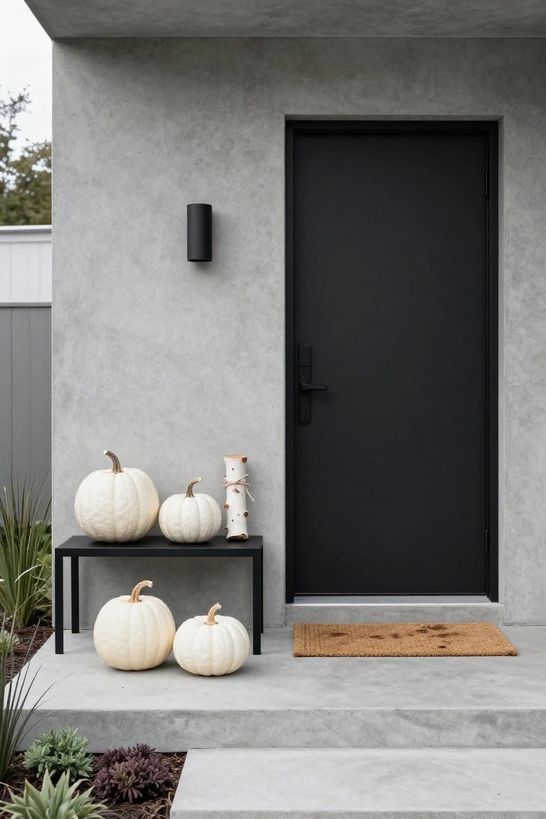 Gray stucco house exterior with black front door and twig wreath, wall-mounted lights and LED bar, wooden bench with gray cushion holding black pumpkins and potted grasses, black doormat at entry steps.