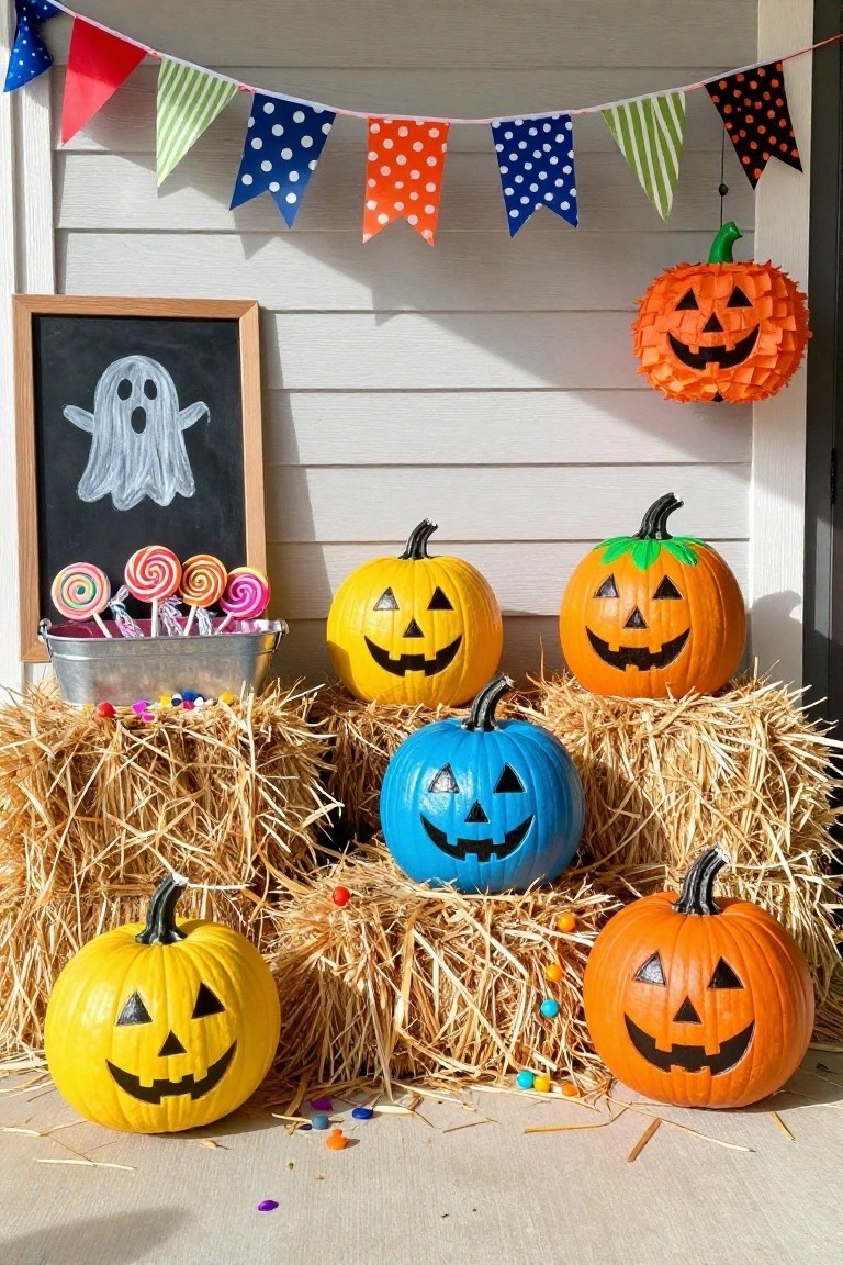 A front porch at dusk decorated for Halloween with a clear multi-shelf stand filled with assorted wrapped candies, several carved and uncarved pumpkins, lanterns, a stool with decorations, and spider cutouts on glass panels.