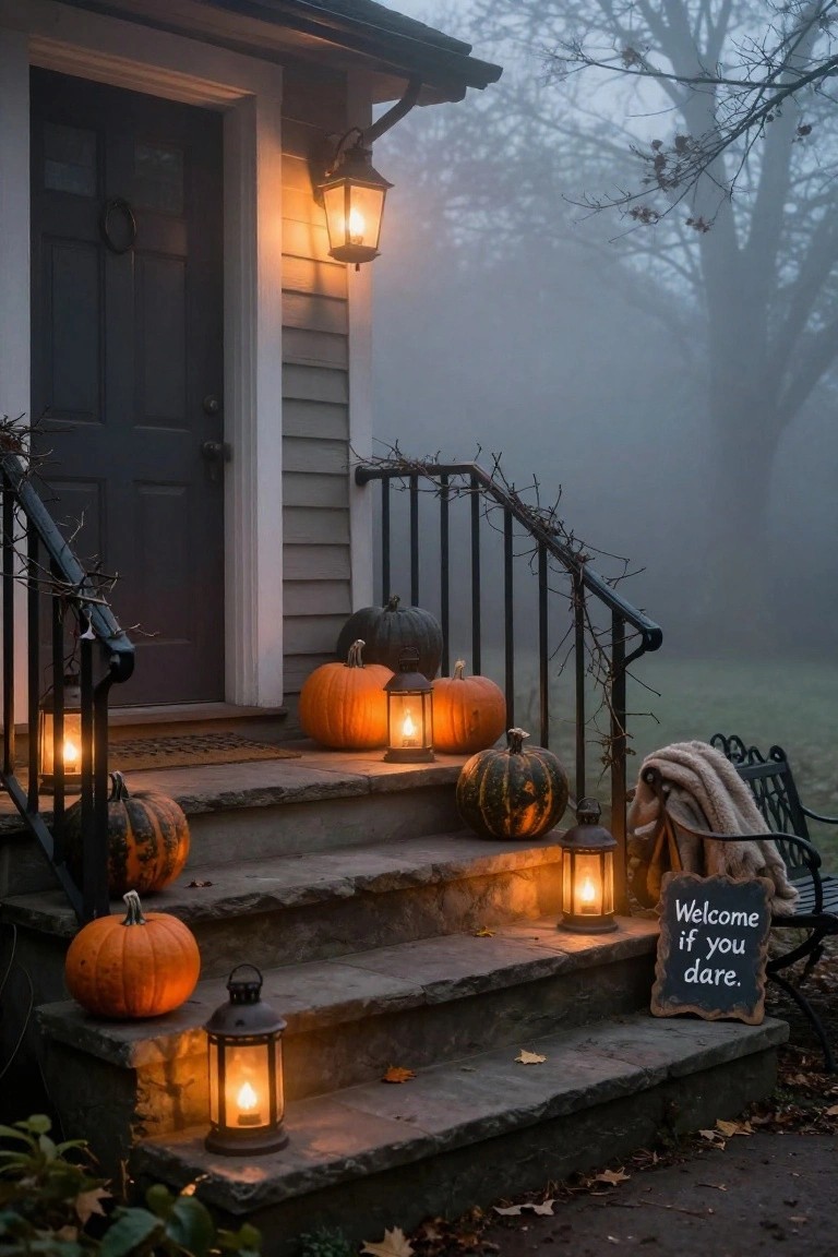 Enclosed porch interior with navy tufted sofa, beige throw blanket, large glass dome on stone table holding miniature gravestones and lit candles, potted plants in baskets, hanging dried pampas grass from ceiling, additional candles, and wooded view through surrounding windows at evening.