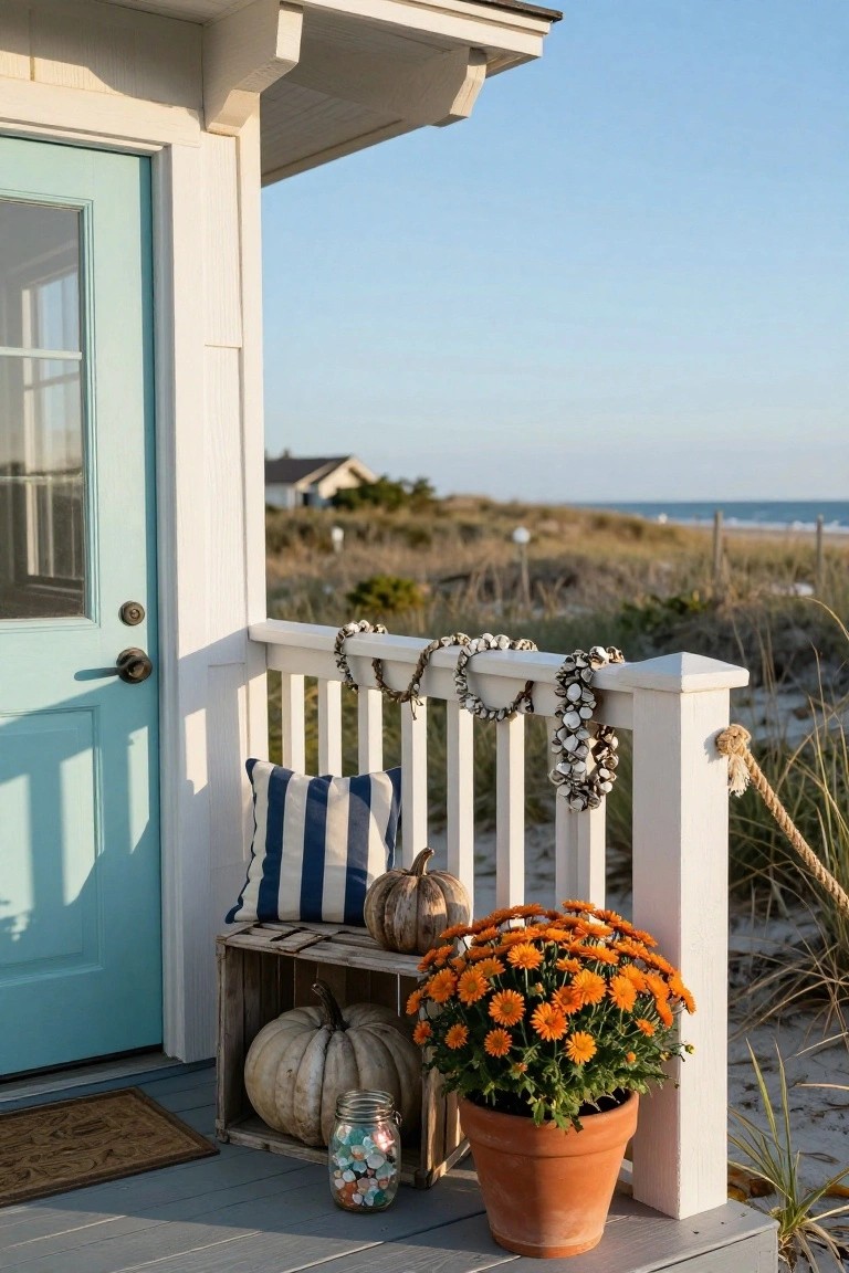 Gray shingled beach house porch featuring a navy and white striped hanging rope swing with white skull beads on the ropes, white pumpkins on a weathered wooden bench, potted beach grass, and ocean view.