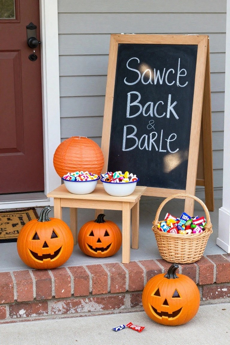 Turquoise wooden porch bench with yellow table holding small pumpkins, paint bottles, paper, and chalkboard sign reading 