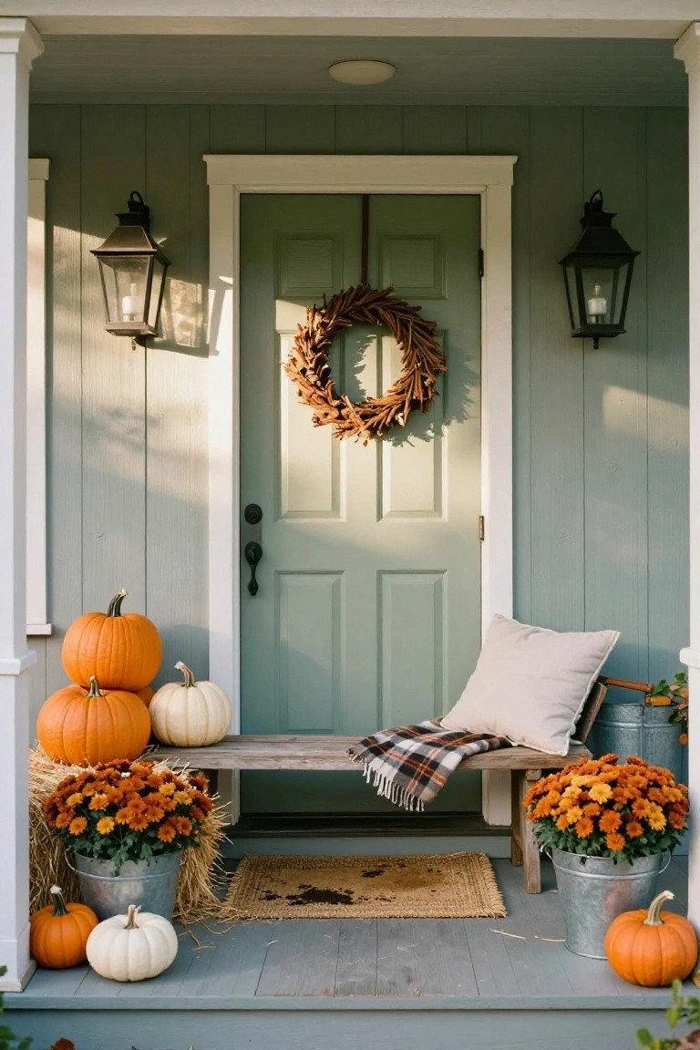 Wooden porch deck featuring stacked hay bales with pumpkins, a rocking chair with red check blanket, metal milk can, fall mums in a pot, lantern, and string lights hanging above, with house windows and autumn trees in the background.