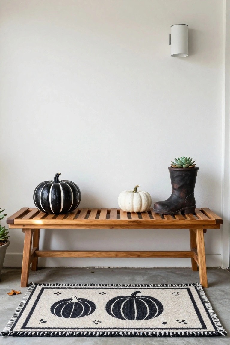 Red wooden door on a white porch with a leaning wooden ladder decorated with corn ears and sunflowers, wheat sheaves, pumpkins, gourds in baskets and crates, copper lanterns, and a vintage scale on brick steps amid sunflower fields.