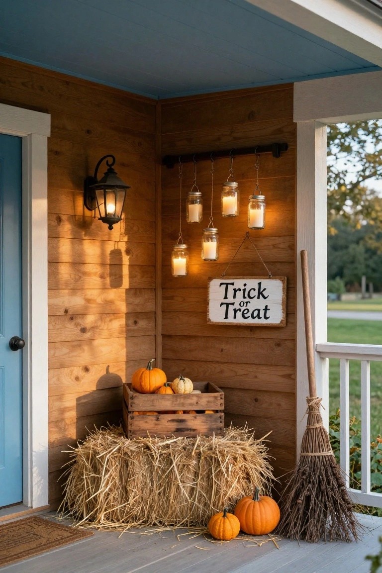 Wooden bench on a covered porch draped with white sheepskin rug, topped with moss-covered green pumpkin and birch log stack, surrounded by assorted pumpkins, jute rug, lanterns, wreath, and fall leaves on deck amid trees.