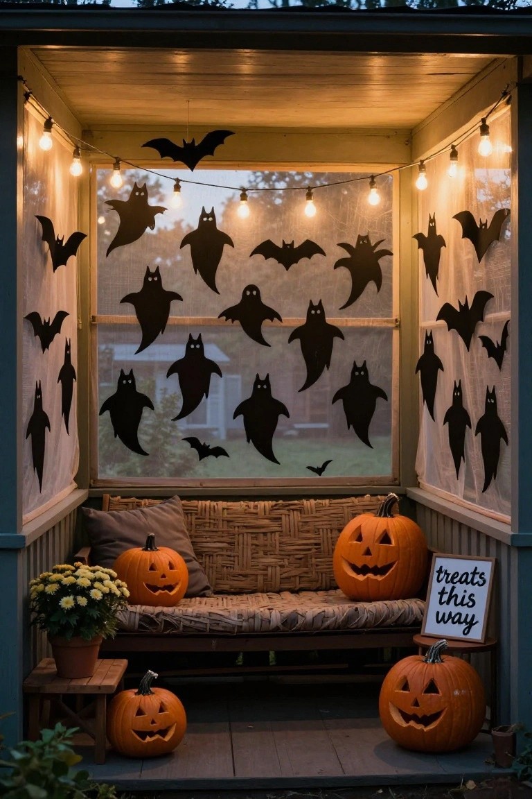 Front porch with turquoise door lit by hanging lanterns and string lights, Halloween bunting overhead, several glowing jack-o-lantern pumpkins, beige bench with cushions, potted flowers, and striped bucket of candy on concrete steps at dusk.