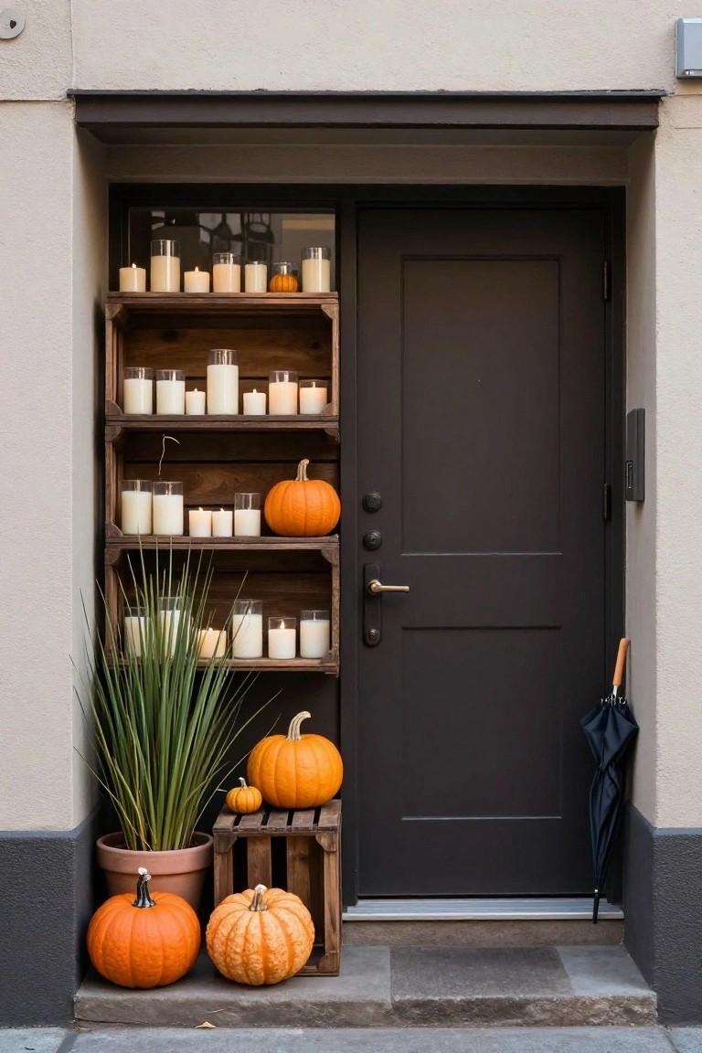 Gray concrete house entrance with black door, recessed lighting, potted grasses on a ledge, large white jack-o-lantern pumpkin on steps, and metal bowl with lit candles at base.