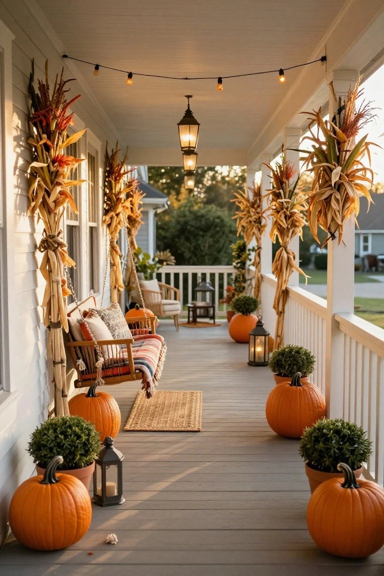 Covered outdoor porch at dusk with numerous hanging paper lanterns in orange and warm tones, a large metal cauldron steaming in the center on hay bales covered by colorful woven rugs, potted plants, ground lanterns, and wooden structure in background.