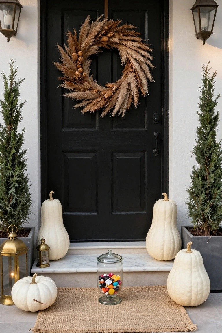 Black brick exterior wall with orange front door, lit by hanging bulb, tall stack of three pumpkins in black and terracotta pots to the left of door, metal bench with gray textured pillow and small pumpkin to the right, orange tissue paper lanterns hanging above door, small pumpkins on ground and wall.
