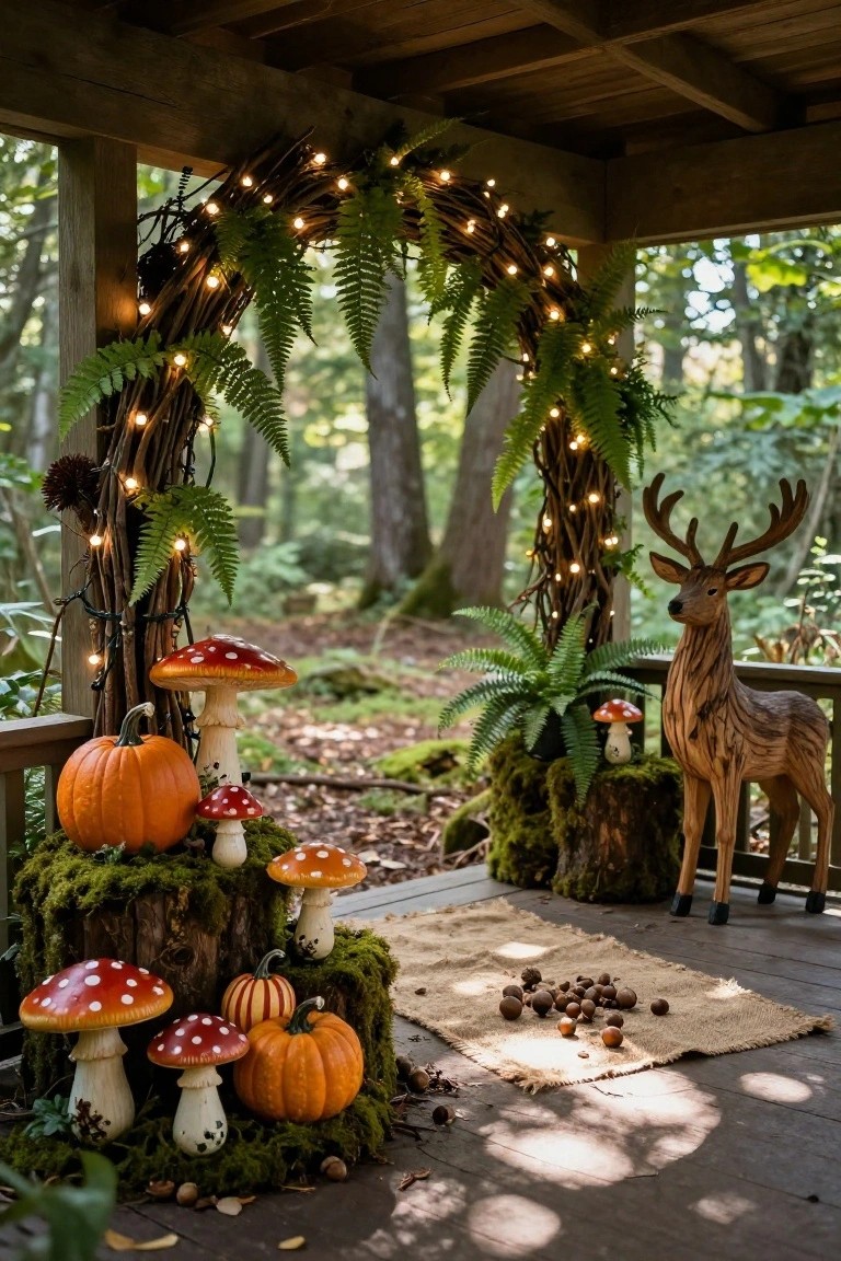 Gray clapboard house front with white columns, navy blue front door, orange chrysanthemum pots on porch railings, white and orange pumpkins on brick steps leading to the door, wicker chairs on porch.
