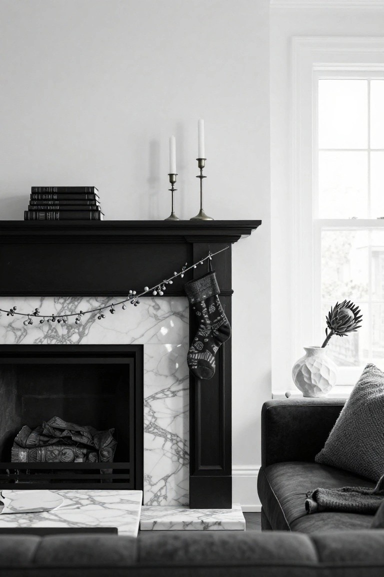 Black-and-white photo of a living room with a black wooden mantle over white marble fireplace, black patterned Christmas stockings hanging from it, a garland of berries and bells, brass candlesticks with white candles, stacked black books, a white vase with protea, and a dark gray sofa nearby.