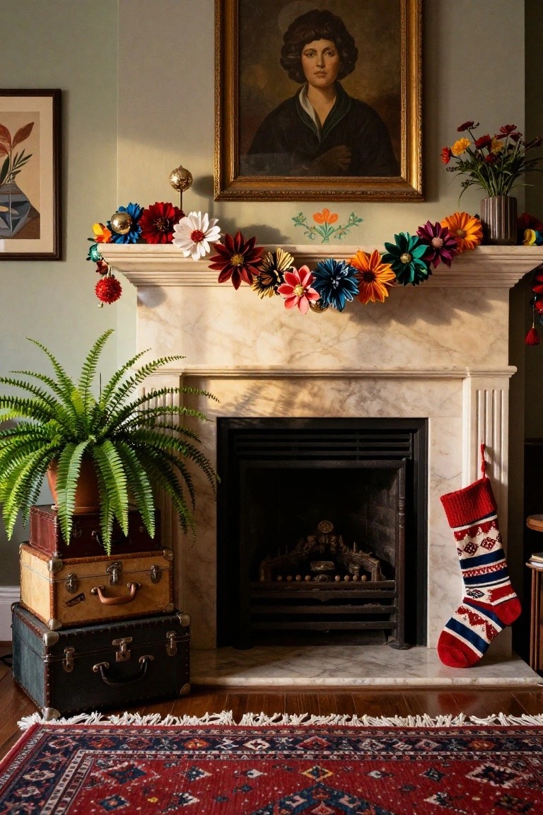 Colorful Paper Flower Garland on the Mantel