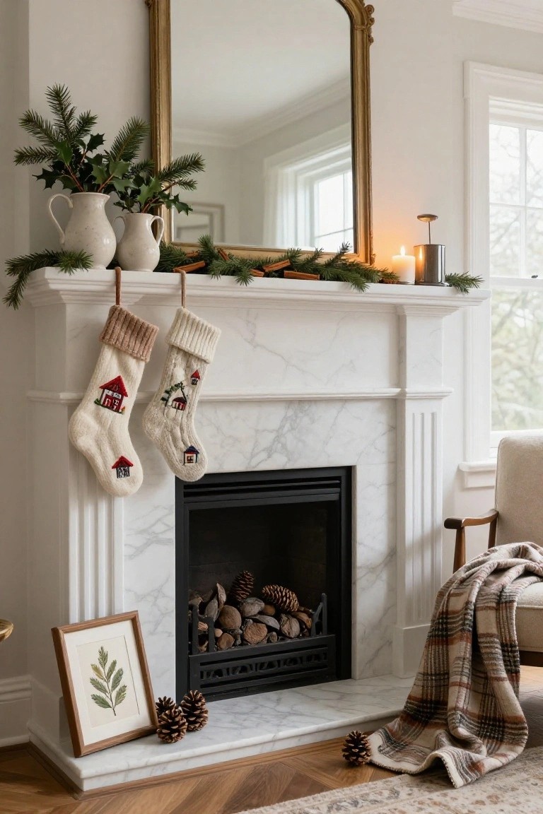 White marble fireplace with knit Christmas stockings embroidered with houses hanging from the mantle, decorated with greenery garland, cinnamon sticks, white pitchers of holly, candles, pinecones, and a framed leaf print nearby.
