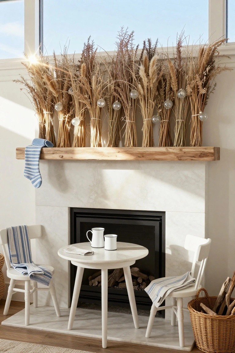 Marble fireplace with rustic wooden mantel decorated by tall bundles of dried wheat grasses tied with clear glass Christmas ornaments and a blue striped stocking draped over the edge, small white chairs with blue blankets at a round white table in front, firewood basket nearby.