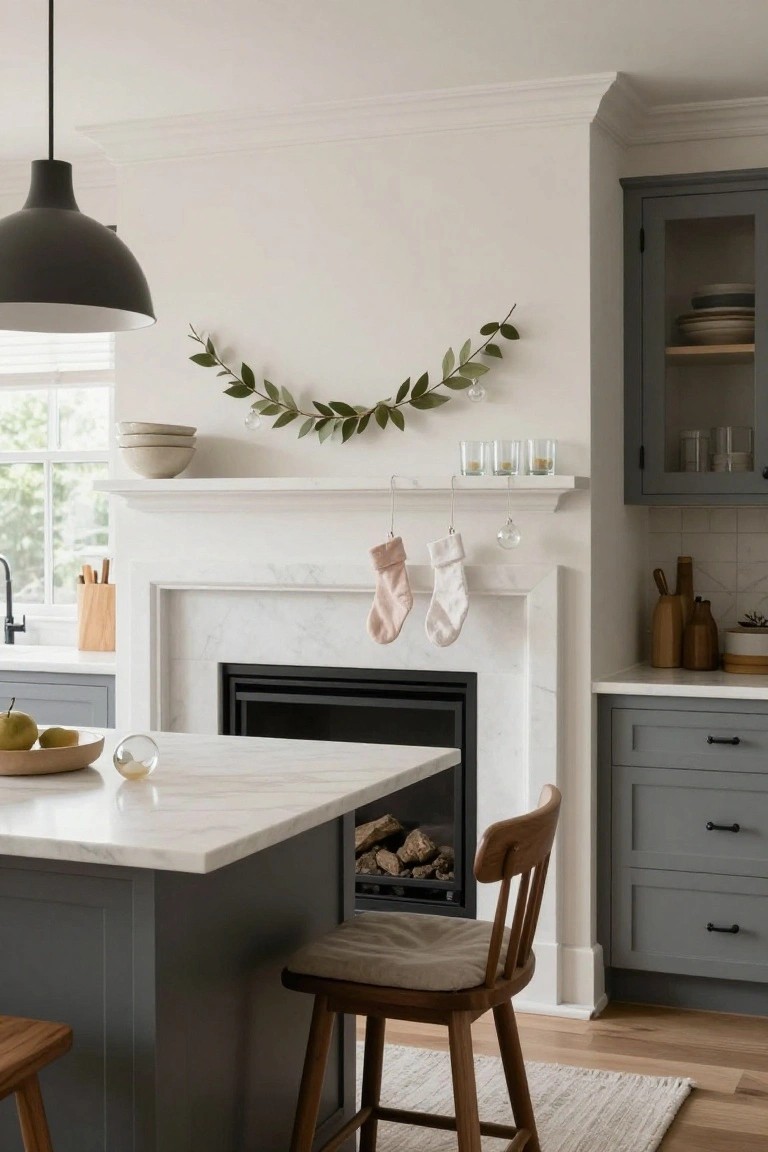 Kitchen with white marble fireplace mantel decorated by green eucalyptus garland, two sheer stockings in pink and white hanging from it, and glass ornaments, next to gray island and cabinets.
