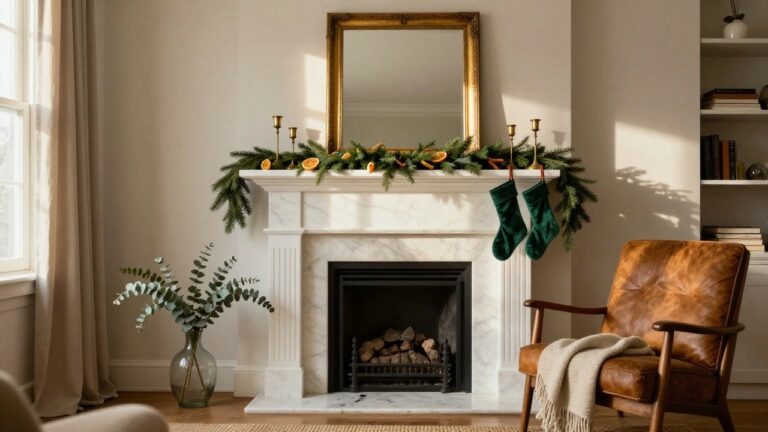White marble fireplace mantel with draped evergreen garland accented by dried orange slices and cinnamon sticks, two green velvet stockings hanging from leather straps, brass candlesticks, and a glass vase of eucalyptus nearby, plus a tan leather armchair with cream throw in a sunlit room.