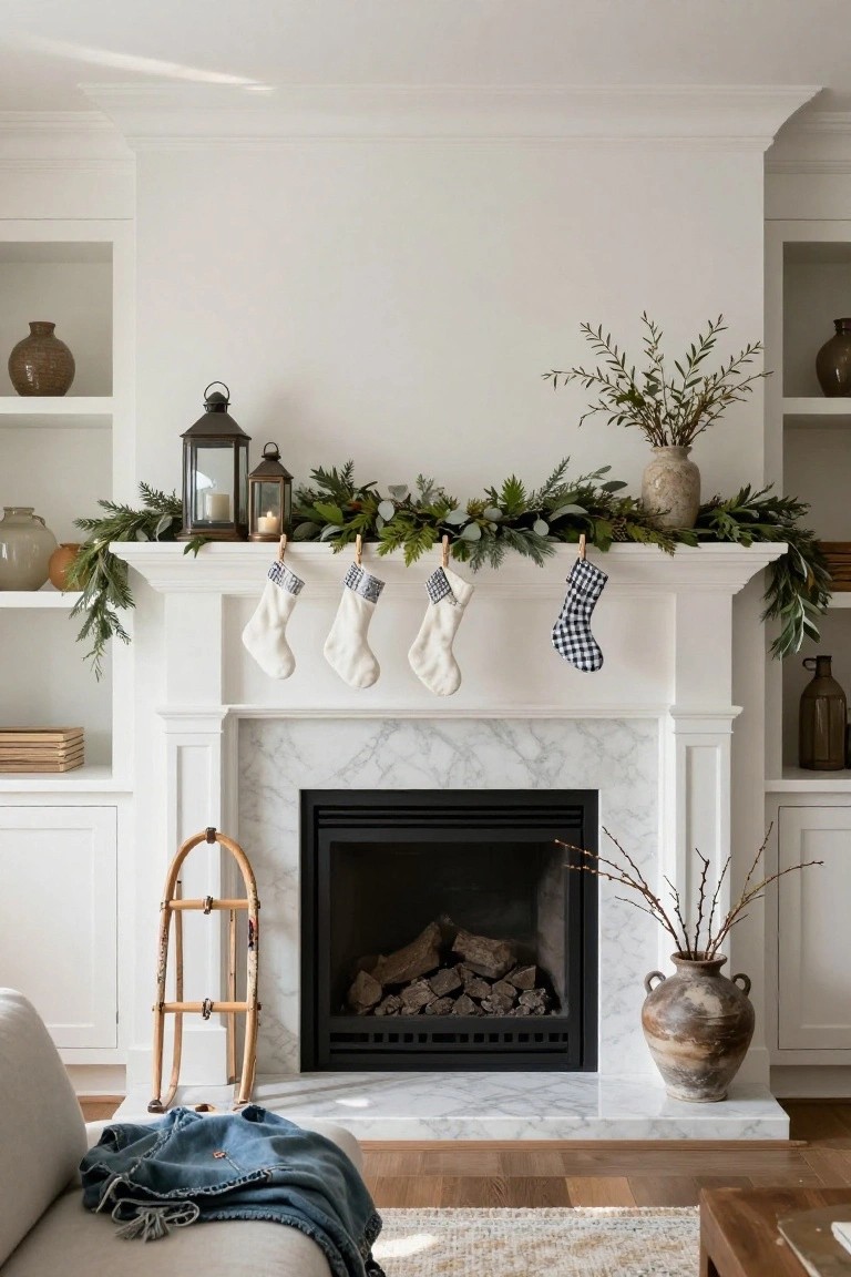 White marble fireplace with mantel draped in evergreen garland and eucalyptus, white and plaid stockings clipped to the garland, flanked by lanterns and pottery in a living room with white cabinetry and a nearby sofa.
