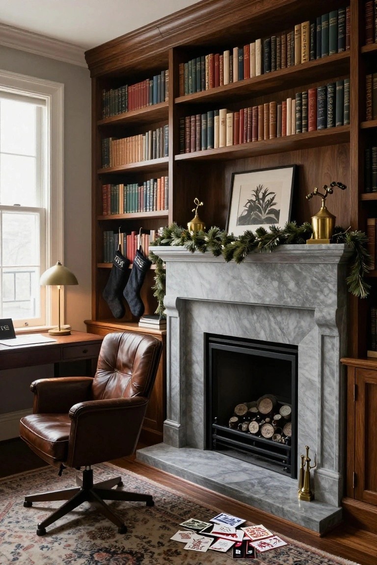 Wood-paneled library interior with gray marble fireplace mantel decorated by evergreen garland, two black stockings, and brass accents, flanked by bookshelves, a leather desk chair, and desk near a window.