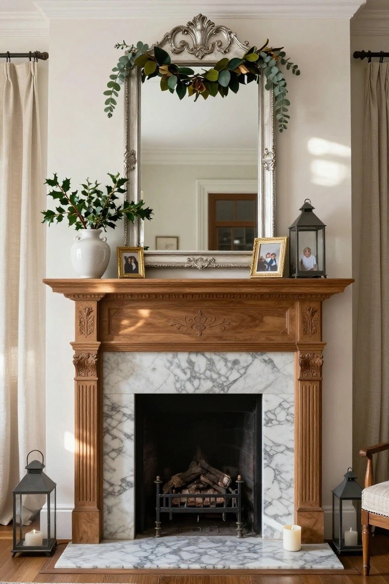 Ornate silver mirror above a carved wooden mantel on a marble fireplace, decorated with eucalyptus and magnolia garland, holly in a white vase, gold-framed photos, and black metal lanterns in a light-filled room with white walls and linen curtains.