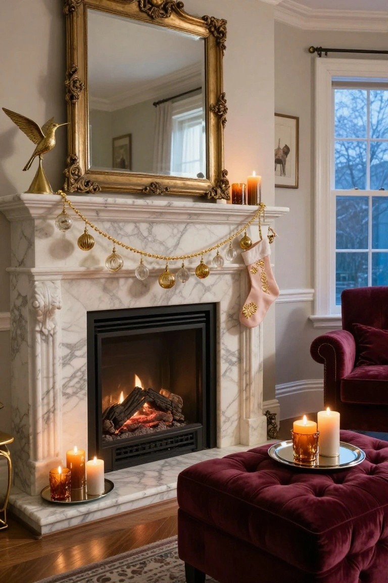 Marble fireplace mantel with gold beaded garland featuring clear and gold glass ornaments, pink embroidered stocking hanging from one end, candles on the hearth and ottoman, gold mirror above, and velvet armchair nearby.