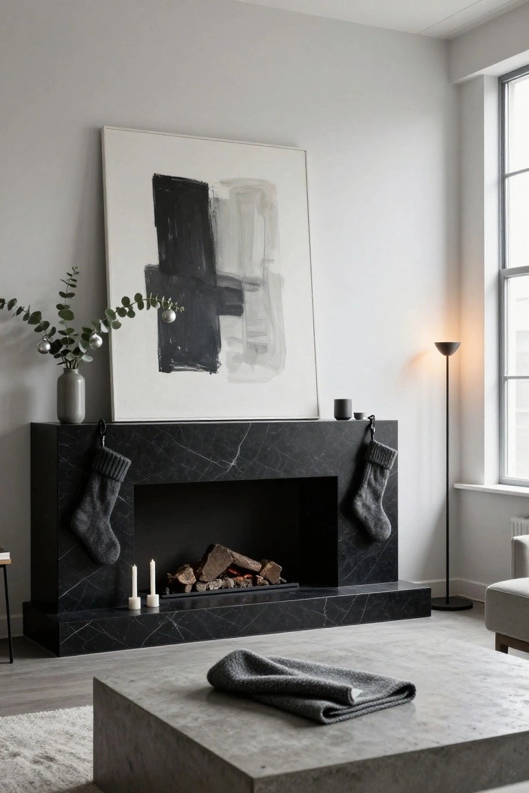 Modern interior with black marble fireplace mantel holding logs and flames, decorated with gray knit stockings, white candles, eucalyptus branches with silver ornaments in a gray vase, large abstract black and white painting above, floor lamp, and concrete coffee table nearby.