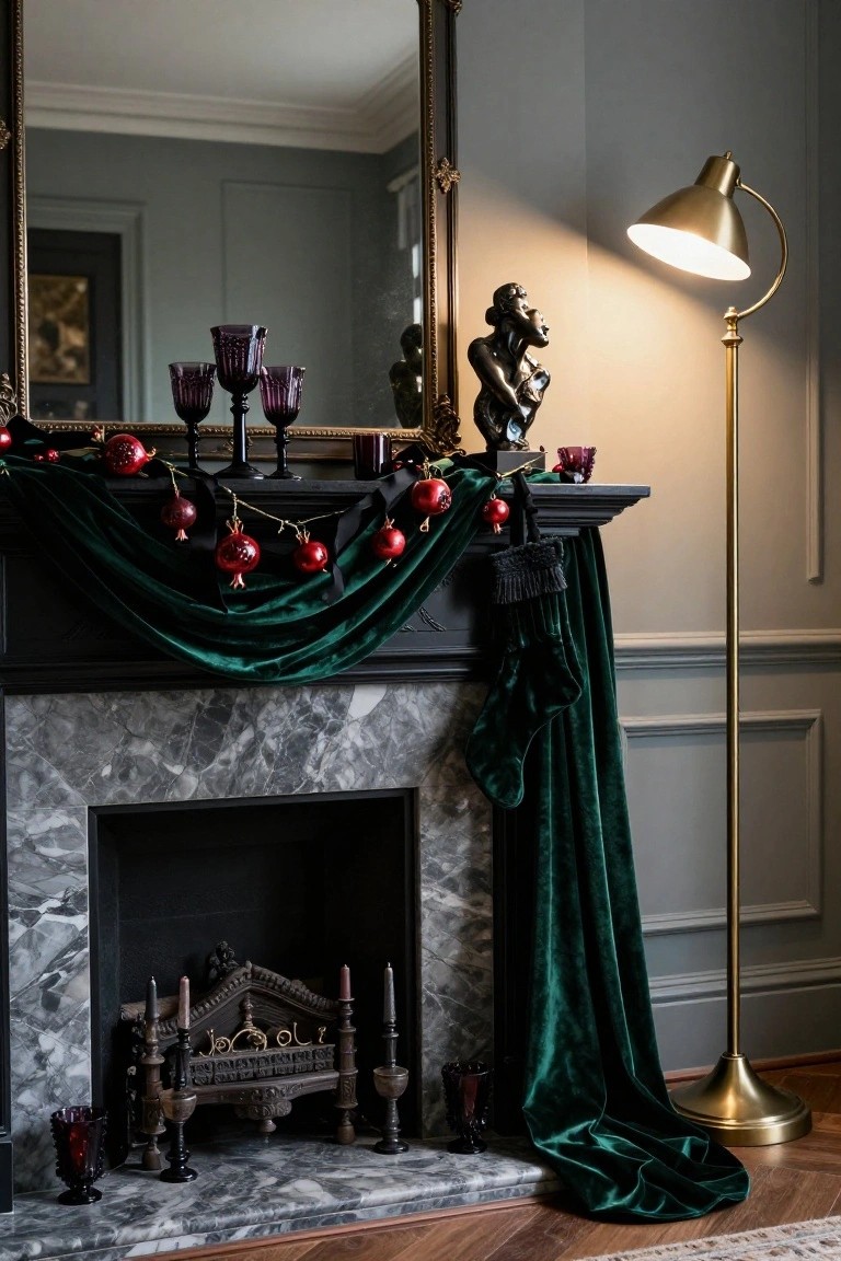 Gray marble fireplace mantel decorated for Christmas with emerald green velvet drapery, red pomegranate ornaments on black garland, purple goblets, black candelabras, candles in the firebox, and a green velvet stocking hanging beside a brass floor lamp and ornate mirror.