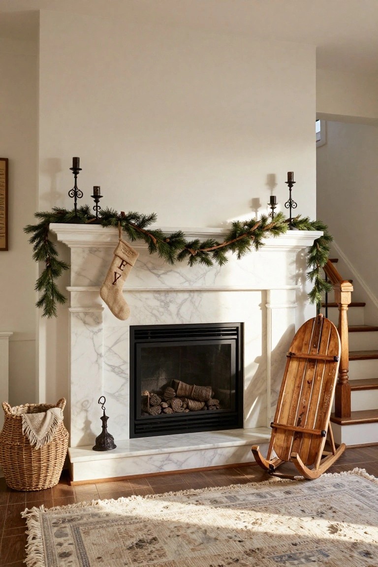 White marble fireplace mantel decorated with green pine garland draping along the edges, a burlap stocking labeled EY hanging from one side, iron candlesticks, a wooden sled leaning against nearby stairs, and a wicker basket on the wood floor.