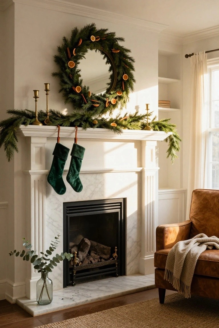 White marble fireplace mantel with draped evergreen garland accented by dried orange slices and cinnamon sticks, two green velvet stockings hanging from leather straps, brass candlesticks, and a glass vase of eucalyptus nearby, plus a tan leather armchair with cream throw in a sunlit room.