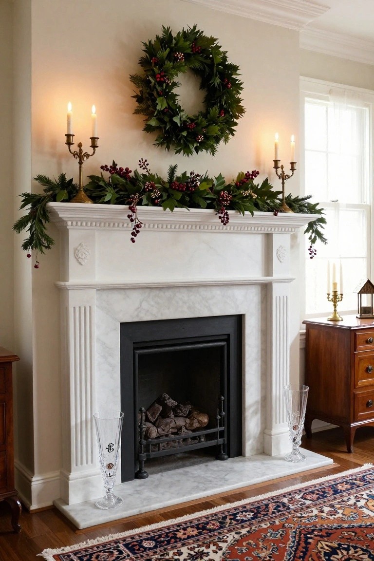White marble fireplace with Christmas decorations including an evergreen wreath above flanked by candelabras, garland with red berries on the mantel, logs in the firebox, and tall glass vases on the hearth in a room with beige walls and wood furniture.