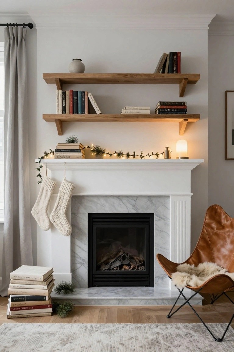 White marble fireplace with fluted white surround and black firebox, mantel decorated with greenery garland and fairy lights plus two hanging white knit stockings, floating oak shelves above holding books and vase, tan leather egg chair with sheepskin beside, neutral room interior.