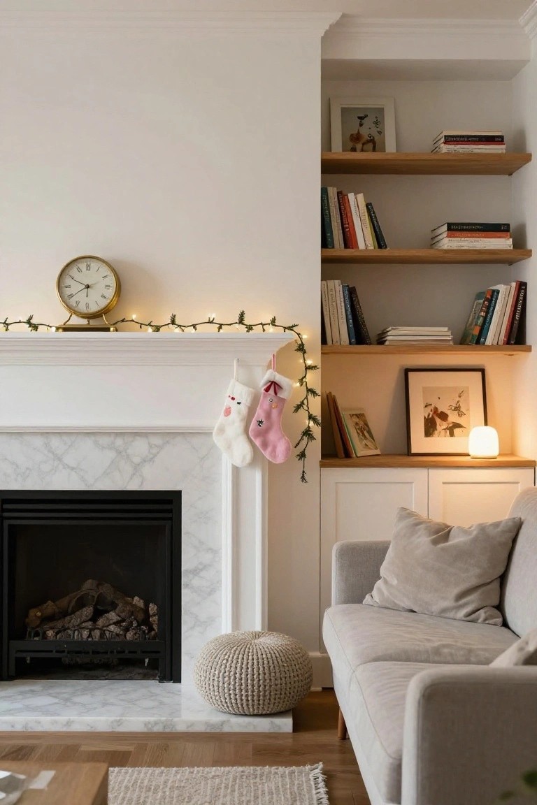 White marble fireplace with gas logs burning, two knit Christmas stockings in white and pink hanging from the mantle, fairy lights and greenery along the top, wooden bookshelves to the side, gray sofa and pouf in front on hardwood floor.