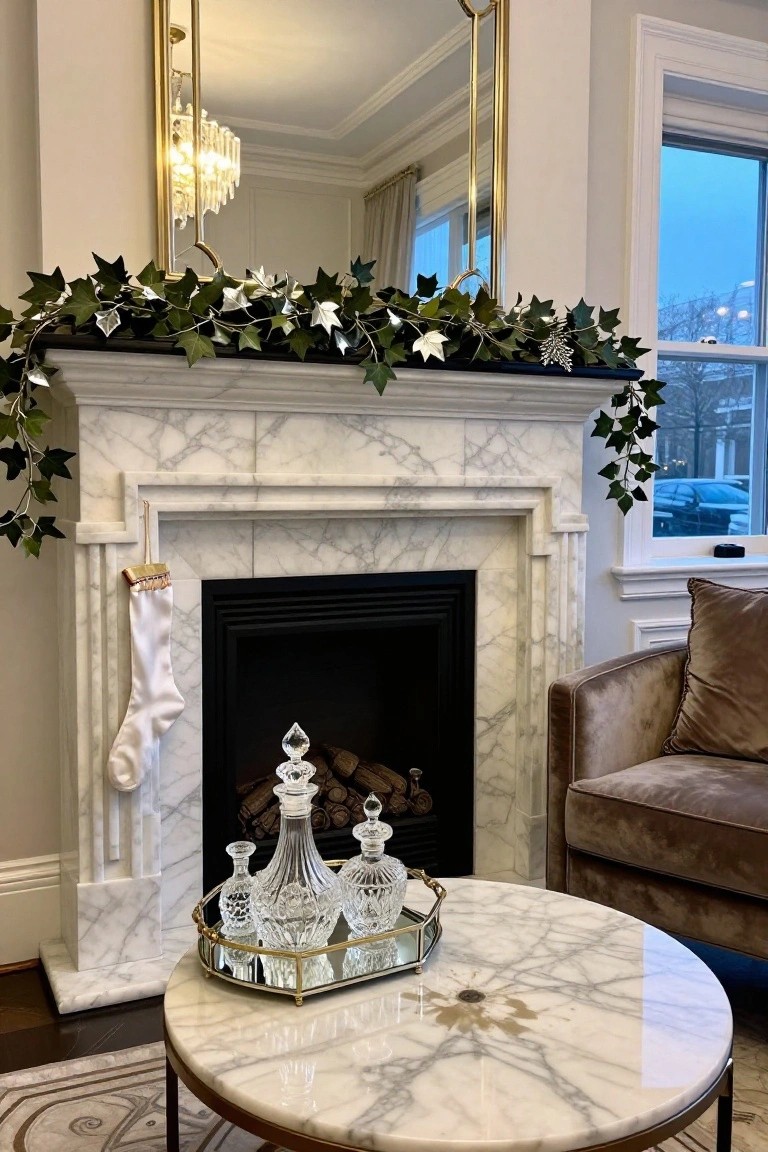 White marble fireplace with ivy garlands draped along the black-trimmed mantel and silver accents, crystal decanters on a gold tray on the hearth, white stocking hanging to the side, and brown velvet armchair nearby.