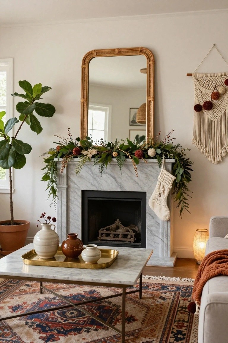 White marble fireplace mantel in a living room decorated with trailing green garland, red berries, textured pom-poms, and a white knit stocking, with a fiddle leaf fig plant, rattan mirror, macrame wall hanging, brass tray of ceramic vases on a marble coffee table, and beige sofa nearby.