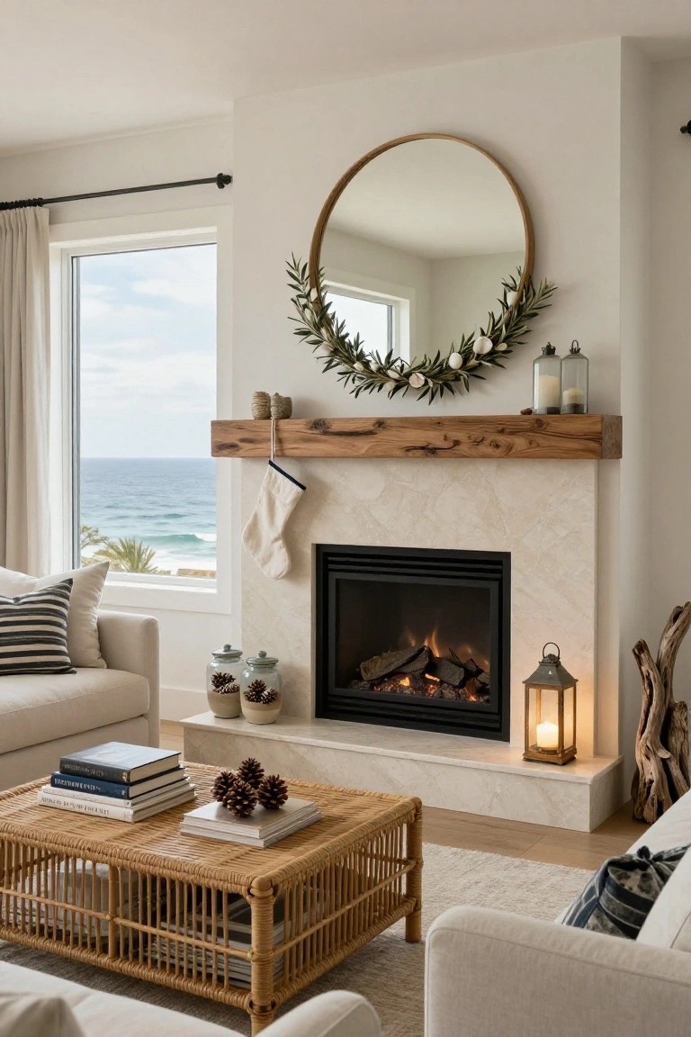 Living room interior with marble fireplace, wooden mantel holding jars and pinecones, Christmas stockings, olive garland on gold mirror above, lit gas fire, rattan coffee table, neutral sofa, and ocean view window.