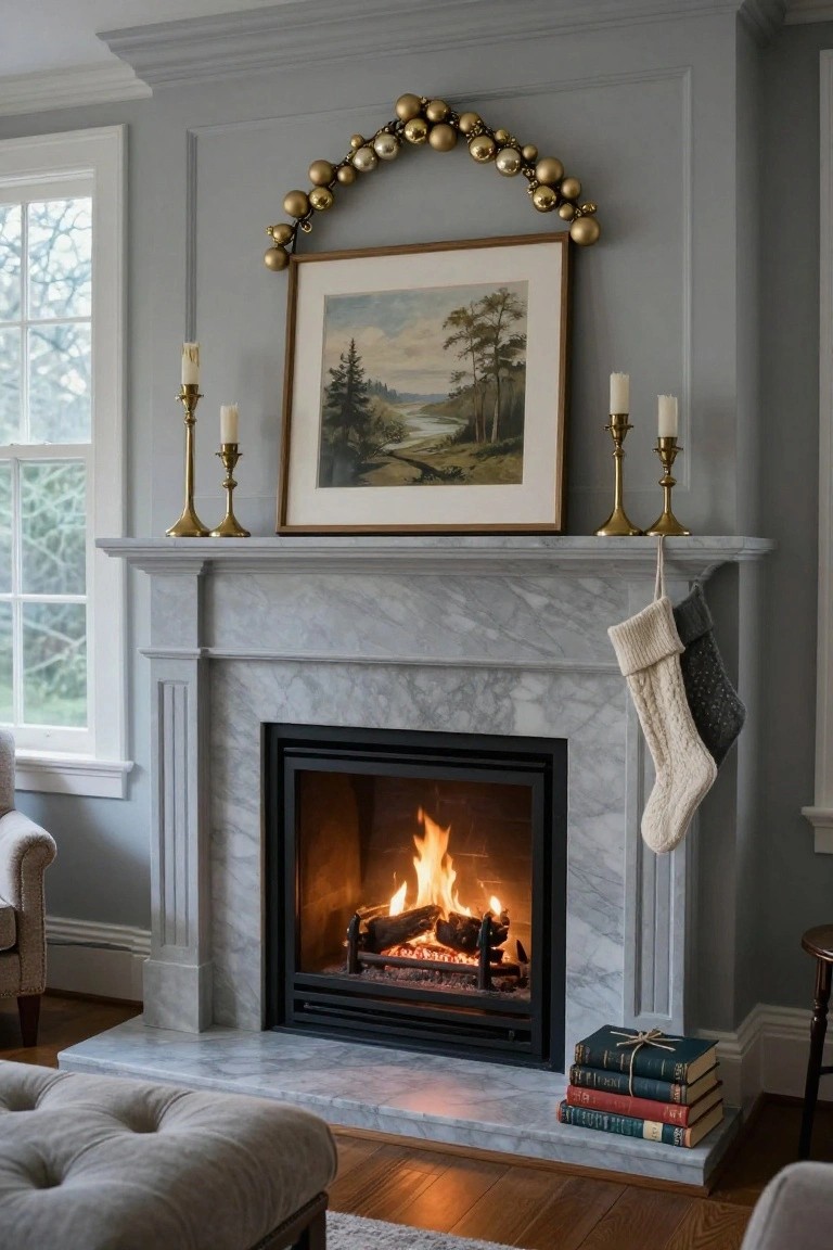 Gray marble fireplace mantel with cream and gray knit stockings hanging from it, gold ball garland arch above, brass candlesticks flanking a landscape painting, burning fire in the insert, and stacked books on the hearth in a room with blue-gray walls and wood floors.