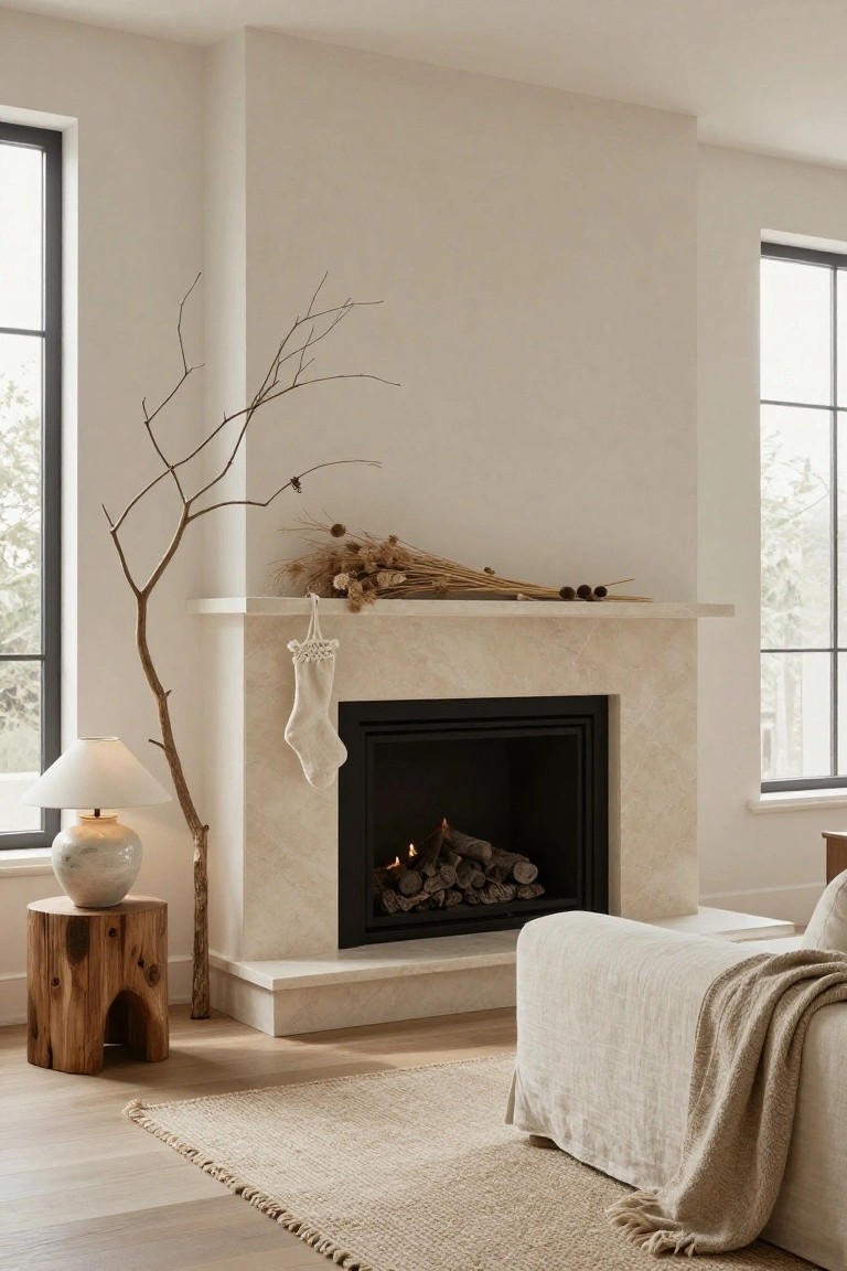 A marble fireplace mantel in a light living room decorated with a tall dried branch, bundles of wheat and grasses, berries, and a white knitted stocking, next to large windows, a wooden stool with lamp, and a beige sofa with throw.
