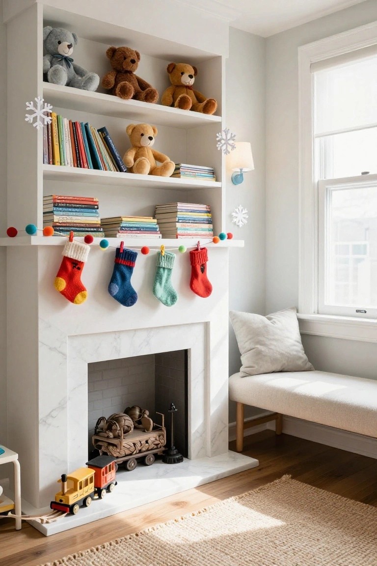 White marble fireplace mantel with colorful knit stockings in red, blue, green, and yellow hanging from a pom-pom garland, white bookshelves with teddy bears and books above, toy train on hearth in a light gray room with window seat.