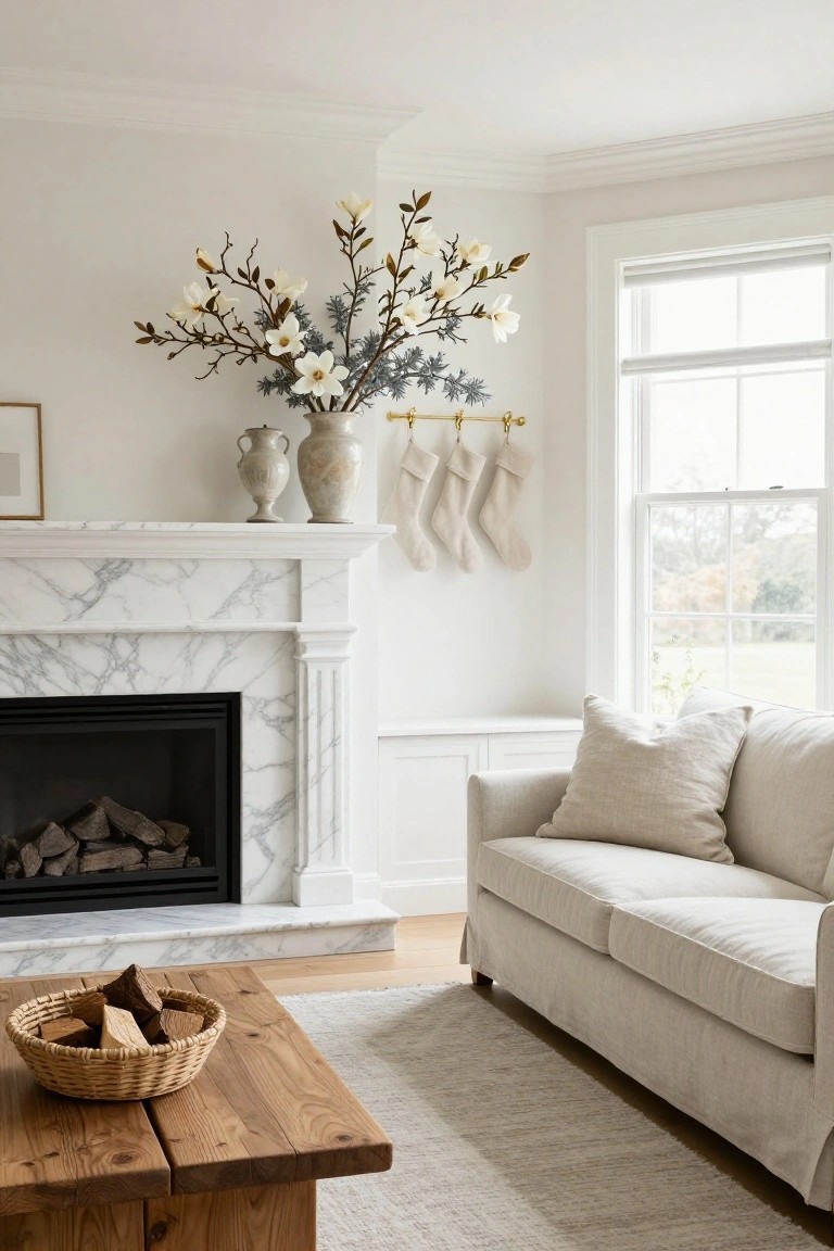 White marble fireplace mantel holding a large ceramic vase of white magnolia branches and blue thistle, flanked by two smaller vases, with cream Christmas stockings hanging from a gold rail on the adjacent wall, beside a beige sofa and wooden coffee table.