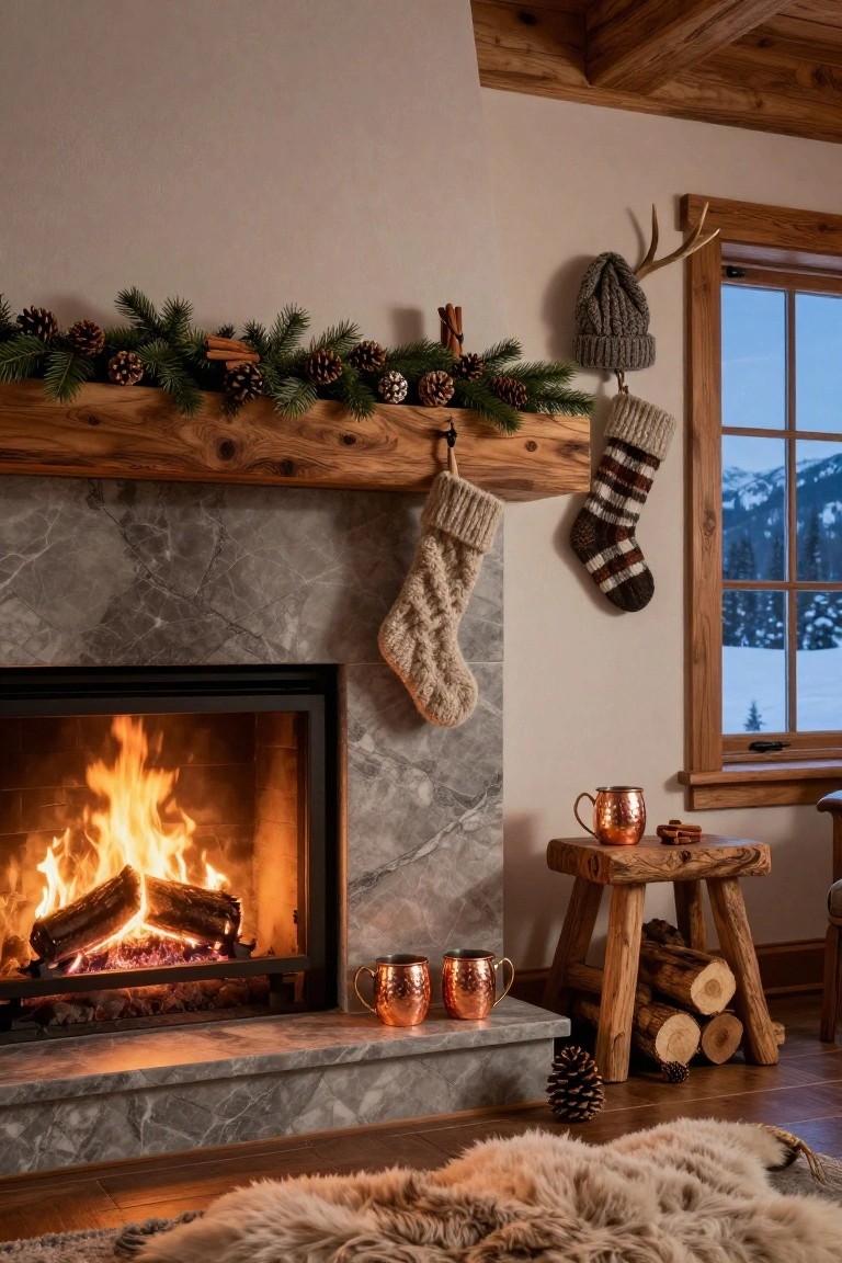 Gray marble fireplace with rustic wooden beam mantle decorated in evergreen garland, pinecones, and cinnamon sticks, flanked by hanging knit stockings, copper mugs on a stool, and a window showing snowy mountains.