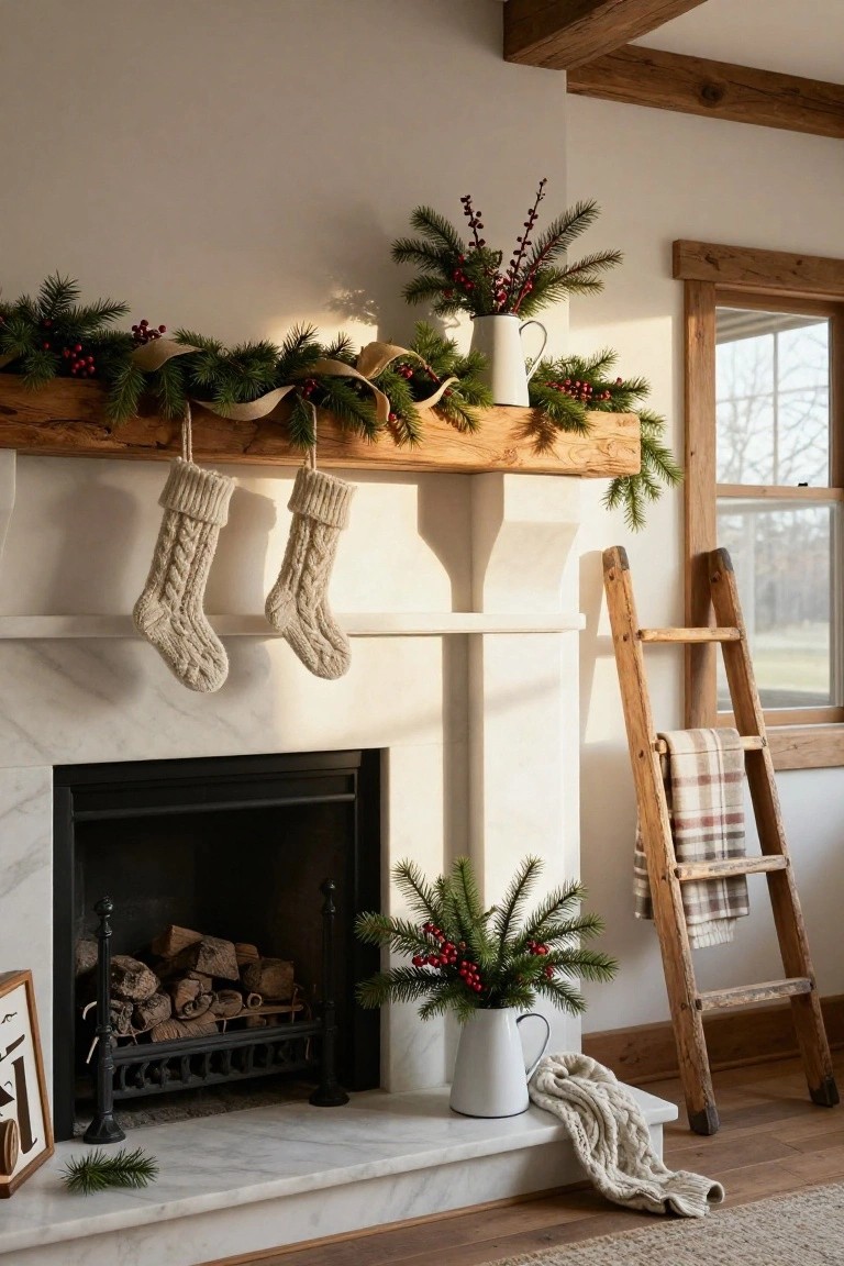Wooden Beam Mantel Over Marble Fireplace