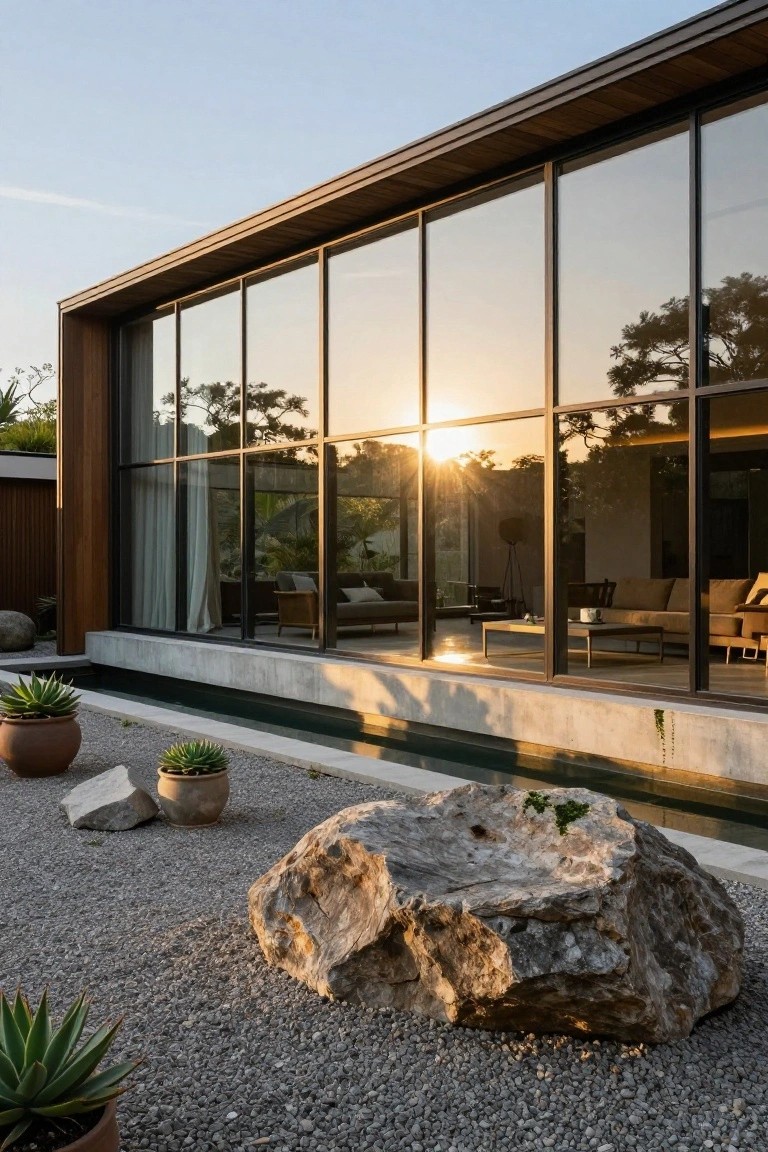 Contemporary house exterior with extensive black-framed floor-to-ceiling glass walls reflecting sunset light, next to a minimalist gravel garden featuring large boulders, agave plants, and a water channel.