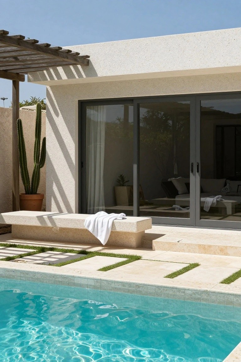 White stucco house exterior with large dark-framed sliding glass doors beside a turquoise pool, wooden pergola overhead, tall cacti in a pot, stone bench with white towel outside the doors, and strips of grass in beige stone paving.