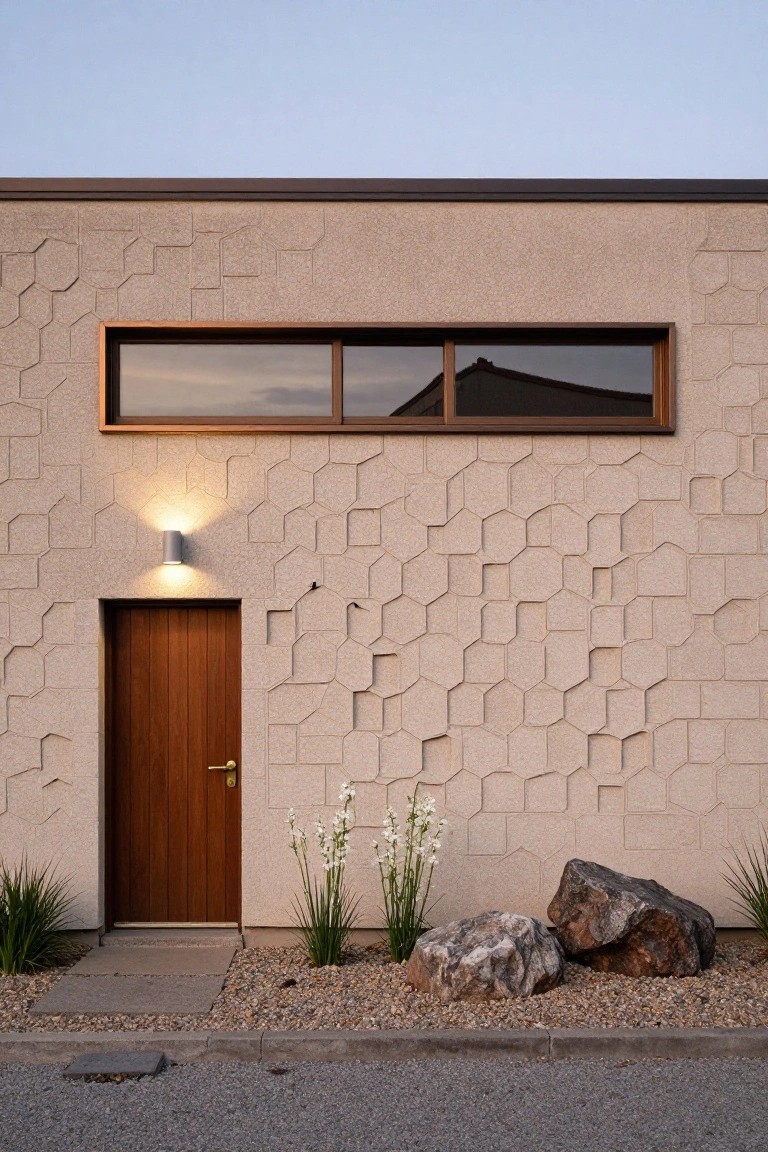 Beige stucco house facade with hexagonal textured wall pattern, wooden entry door with brass knob, wall-mounted cylindrical lights, large horizontal wood-framed window above door, potted plants and rocks in gravel bed out front.