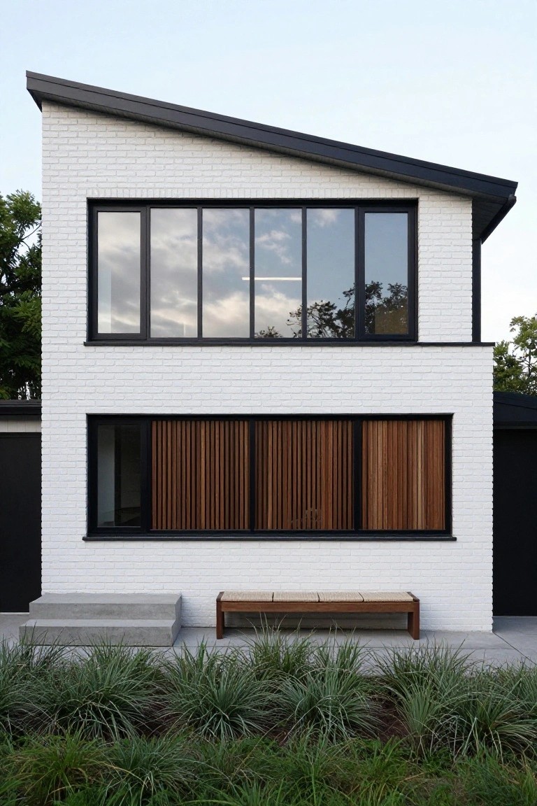 Modern two-story house exterior with white brick walls, large black-framed glass window on upper level, lower window screened by vertical wooden slats, black side garage door, concrete entry steps, wooden bench, and grasses in foreground.
