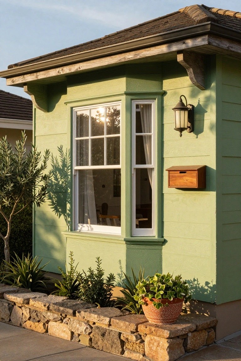 Corner view of a mint green house featuring a large white-framed picture window with sheer curtains, a wall-mounted lantern light, wooden mailbox, olive tree, potted plants, and stone retaining wall.