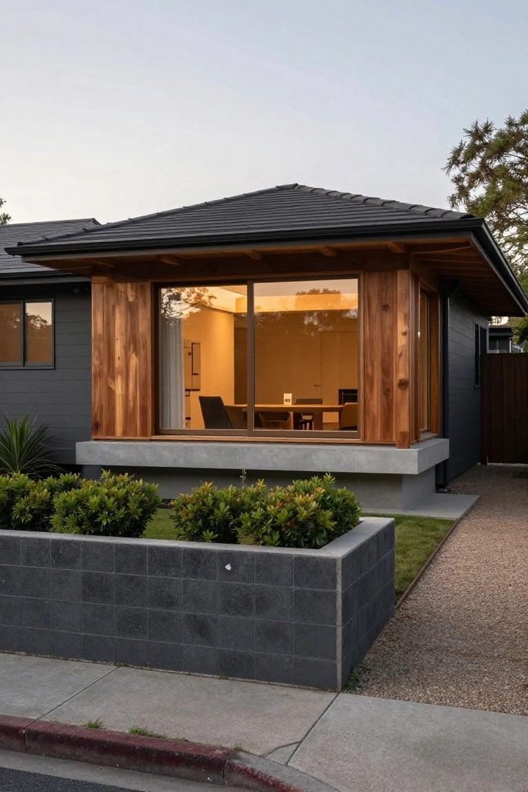 Modern house exterior with a protruding wooden-clad window box on dark siding, concrete base, low boxwood hedges in a block planter, gravel path, and street curb at dusk.