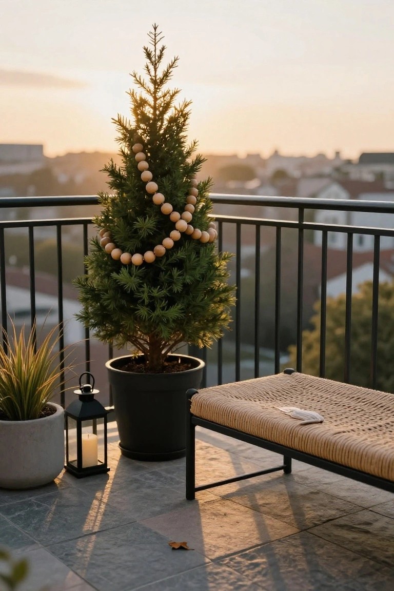 Small potted evergreen tree on a balcony decorated with strands of wooden beads, next to a potted grass plant, metal lantern with candle, and rattan bench against a city skyline at sunset.